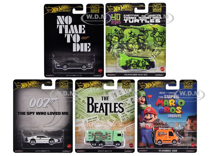 "Pop Culture 2024" 5 piece Set D "Premium Series" Diecast Model Cars by Hot Wheels - Movie/TV Series Models