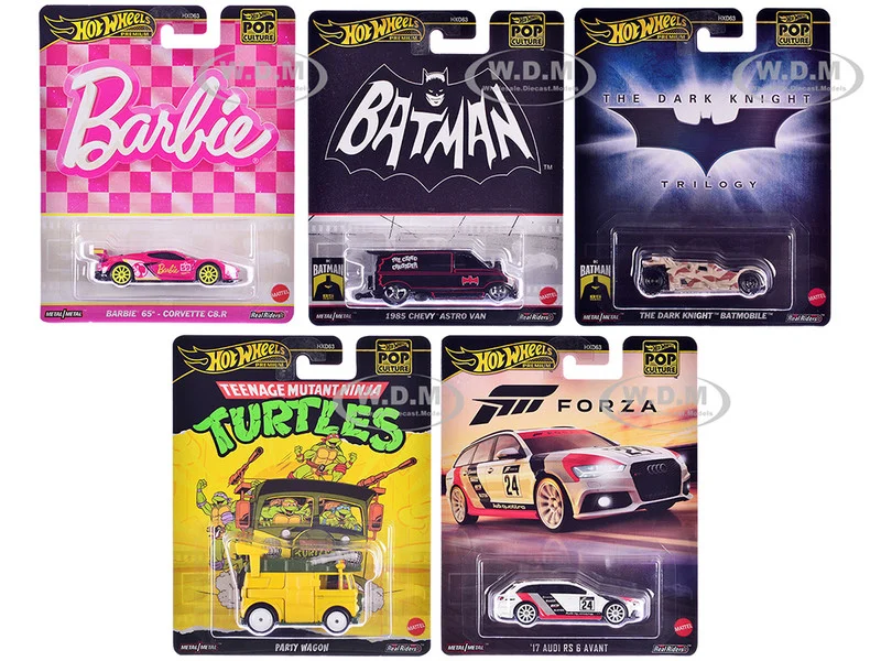 "Pop Culture 2024" 5 piece Set E "Premium Series" Diecast Model Cars by Hot Wheels - Movie/TV Series Models