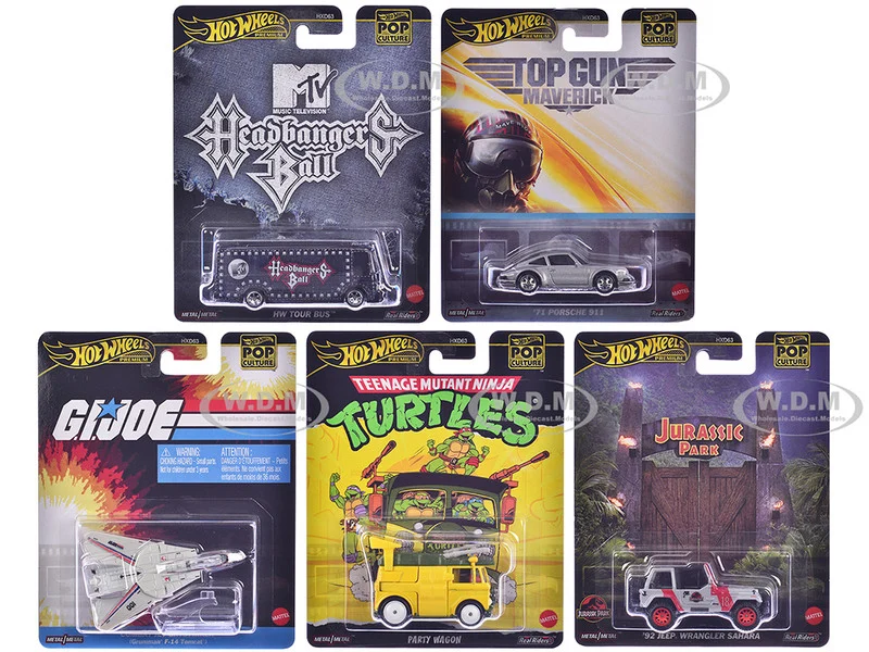 "Pop Culture 2025" 5 piece Set K "Premium Series" Diecast Model Cars by Hot Wheels - Movie/TV Series Models