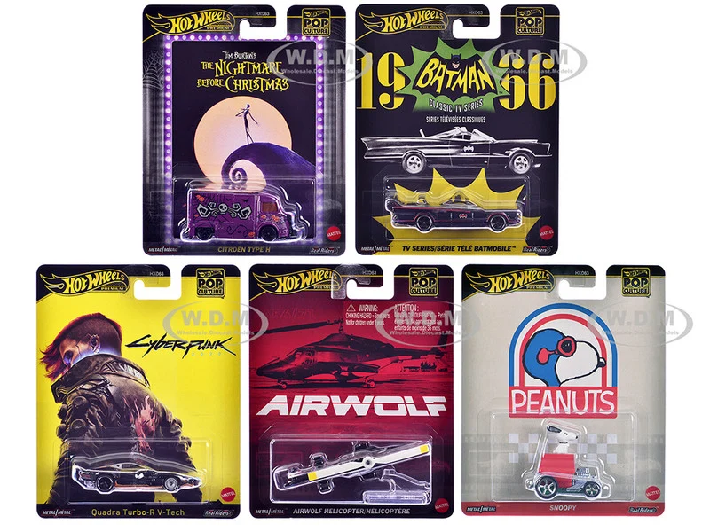 "Pop Culture 2025" 5 piece Set M "Premium Series" Diecast Model Cars by Hot Wheels - Movie/TV Series Models
