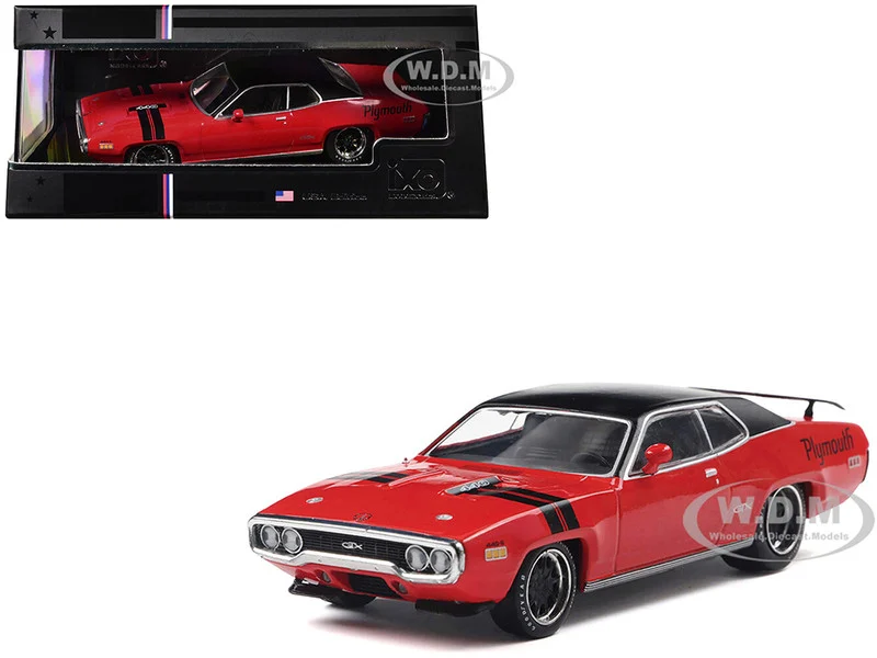 1971 Plymouth GTX Rally Red with Black Top and Stripes 1/43 Diecast Model by IXO Models - Plymouth Models