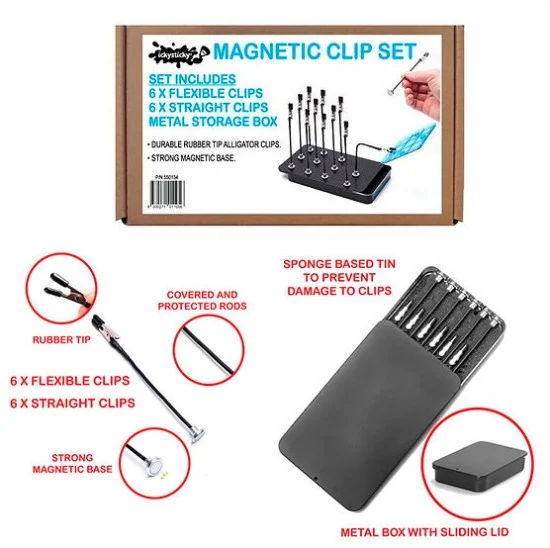 IckySticky 550134 Magnetic Clips with Rubber Tips (12pcs) and Metal Storage Box/Base - Hobby Tools & Supplies