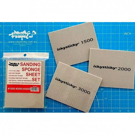 IckySticky 550151 Sanding Sponge Set #1500 #2000 #3000 (3 sheets, each: 114 x 140 x 5mm) - Hobby Tools & Supplies