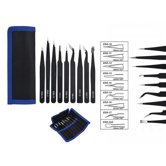 IckySticky 560302 9 Piece Precision Tweezer Set w/Bag - Hobby Tools & Supplies
