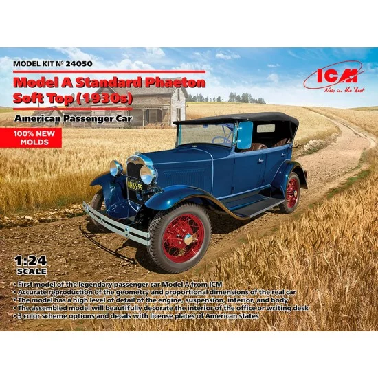 ICM 24050 1/24 Model A Standard Phaeton Soft Top 1930s American Passenger Car - Military Vehicles & Tanks