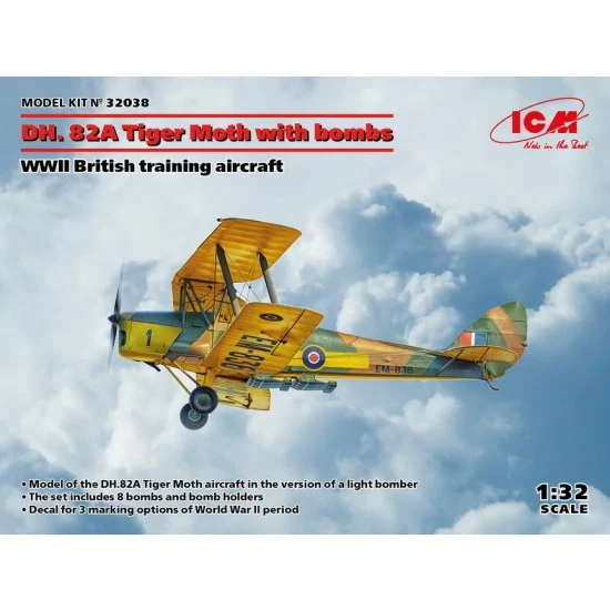 ICM 32038 1/32 WWII British DH. 82A Tiger Moth w/Bombs Training Aircraft - Model Planes