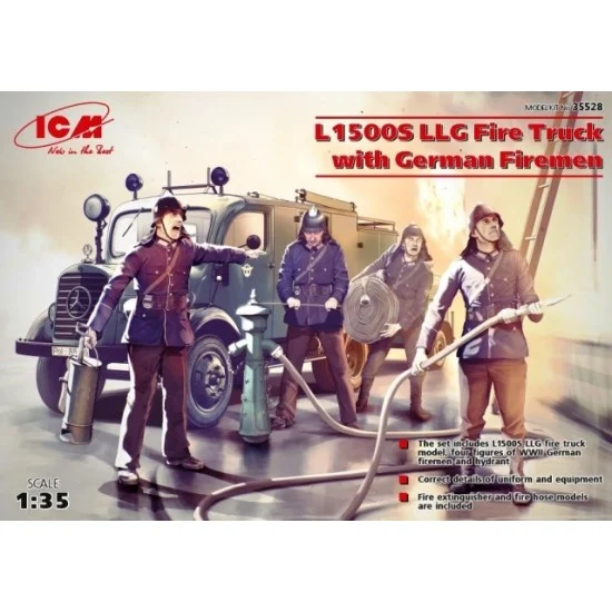 ICM 35528 1/35 L1500S LLG Fire Truck with German Firemen (1 Model kit with 4 Figures) - Military Vehicles & Tanks