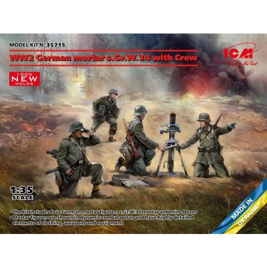 ICM 35715 1/35 WWII German Mortar GrW 34 with Crew (mortar and 4 figures) - Model Figures