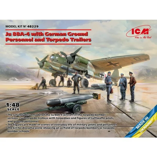 ICM 48229 1/48 German Junkers Ju 88A-4 with Ground Personnel and Torpedo Trailers
