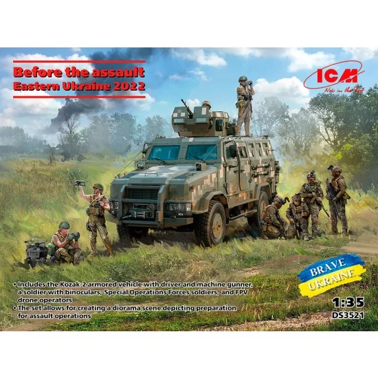 ICM DS3521 1/35 Kozak-2 Armoured Vehicle with Figures - Before the Assault, Eastern Ukraine 2022