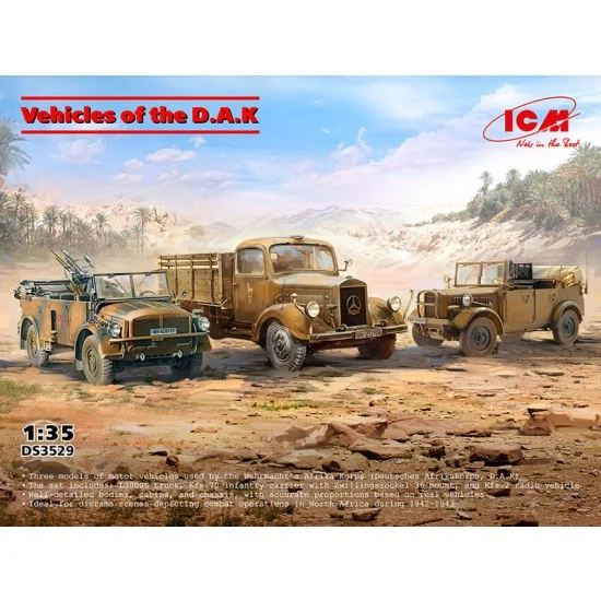 ICM DS3529 1/35 DAK Vehicles: L3000S Truck, Kfz.70 and Kfz.2 - Military Vehicles & Tanks