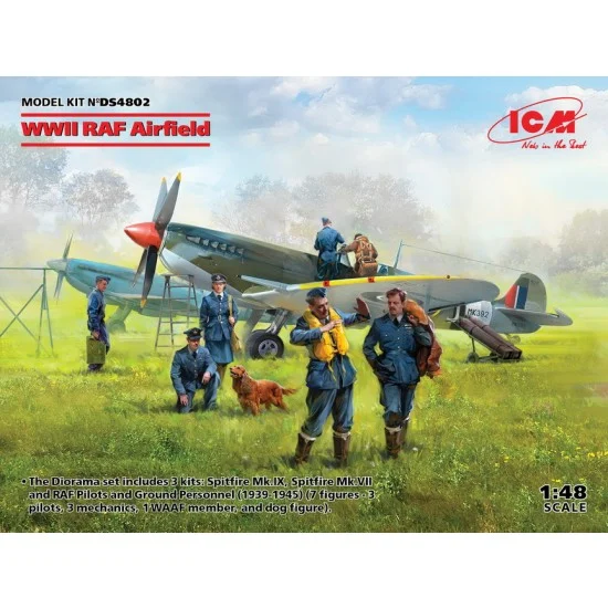 ICM DS4802 1/48 WWII RAF Airfield Spitfire IX, VII, Pilots & Ground Personnel (3 kits & 7 figures) - Model Planes