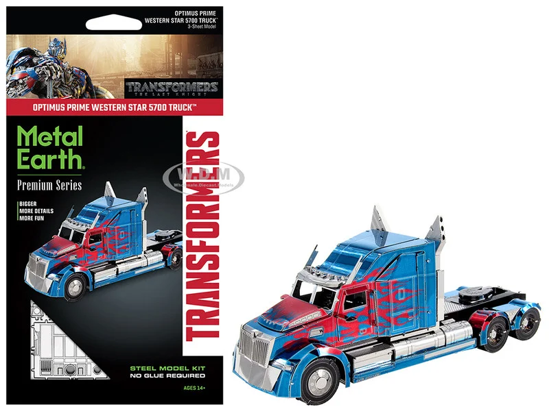 Model Kit Western Star 5700 Truck "Optimus Prime" Blue with Red Flames "Transformers: The Last Knight" (2017) Movie (Moderate Difficulty) Steel Model by Metal Earth - Movie/TV Series Models