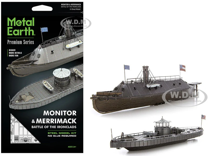 Model Kit USS Monitor and USS Merrimack Ironclad Warships "Battle of the Ironclads" (Challenging Difficulty) Steel Model by Metal Earth - Military Models