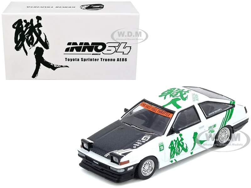 Toyota Sprinter Trueno (AE86) RHD (Right Hand Drive) #15 "Keiichi Tsuchiya" White with Green Graphics 1/64 Diecast Model Car by Inno Models - Toyota Models