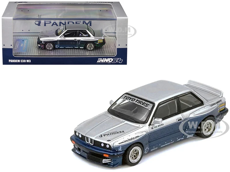 Pandem E30 M3 Silver Metallic and Dark Blue 1/64 Diecast Model Car by Inno Models - BMW Models