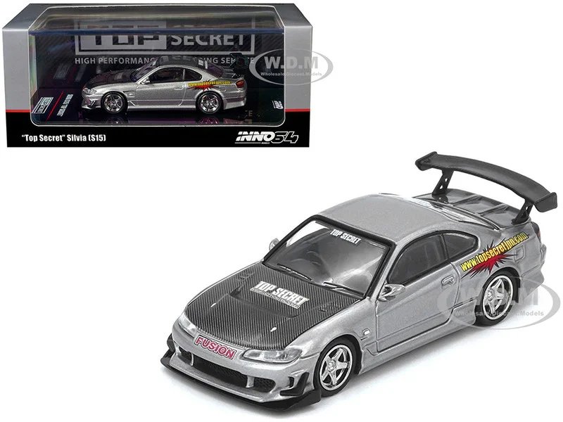Nissan "Top Secret" Silvia (S15) RHD (Right Hand Drive) Silver Metallic with Carbon Hood 1/64 Diecast Model Car by Inno Models - Nissan Models