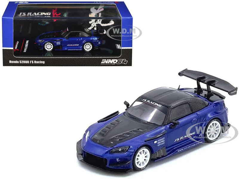 Honda S2000 RHD (Right Hand Drive) "J's Racing" Blue Metallic with Carbon Hood and Top 1/64 Diecast Model Car by Inno Models - Honda Models