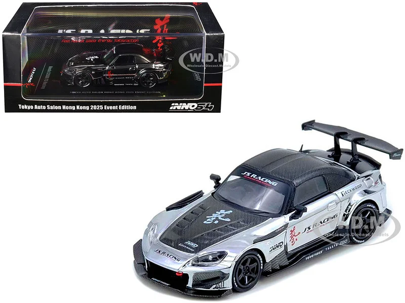 Honda S2000 RHD (Right Hand Drive) "J's Racing" Chrome Silver with Carbon Hood and Top with Graphics "Tokyo Auto Salon Hong Kong 2025 Event Edition" 1/64 Diecast Model Car by Inno Models - Honda Models