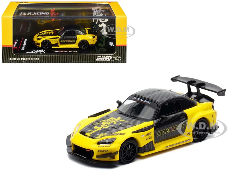 Honda S2000 RHD (Right Hand Drive) "J's Racing" Yellow with Carbon Hood and Top with Graphics "Tokyo Auto Salon Kuala Lumpur 2025 Event Edition" 1/64 Diecast Model Car by Inno Models - Honda Models