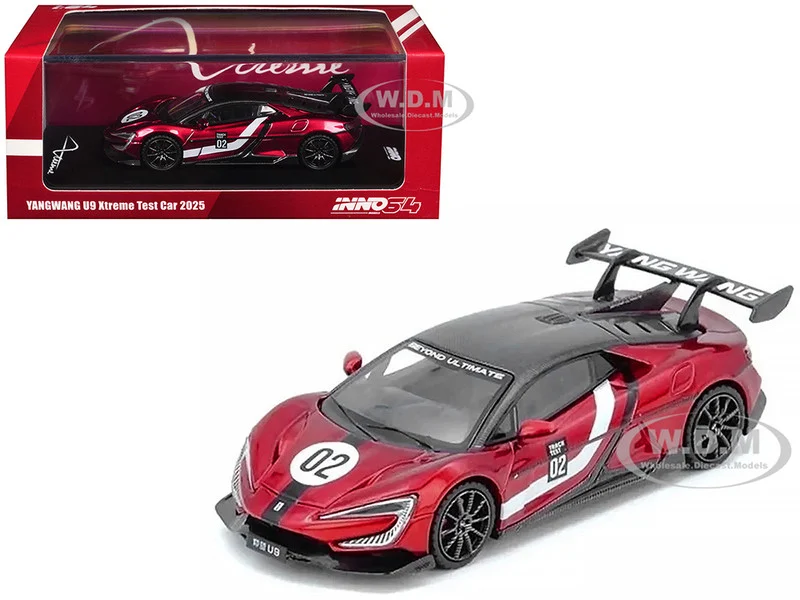 2025 Yangwang U9 Xtreme Test Car #02 Red Metallic with White Stripes and Carbon Top "World Fastest EV Supercar" 1/64 Diecast Model Car by Inno Models - Other