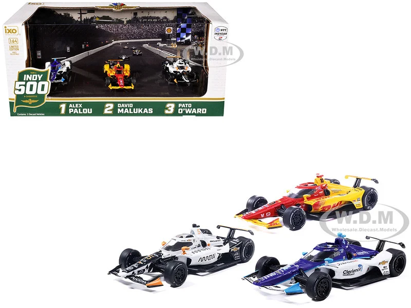 "109th Indianapolis 500" (2025) Podium Set of 3 IndyCars 1/64 Diecast Model Cars by IXO Models - Indy Car Models