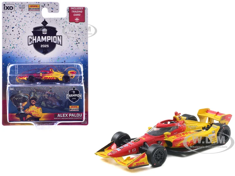 Dallara IndyCar #10 Alex Palou "DHL" Chip Ganassi Racing (Road Course Configuration) Champion "NTT IndyCar Series" (2025) with Trading Card 1/64 Diecast Model Car by IXO Models - Indy Car Models