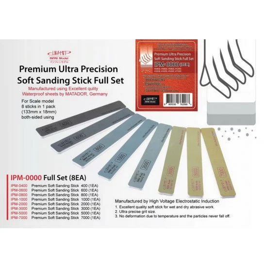 Infini Model IPM0000 Premium Soft Sanding Stick (Matador) Full Set (8pcs) - Hobby Tools & Supplies