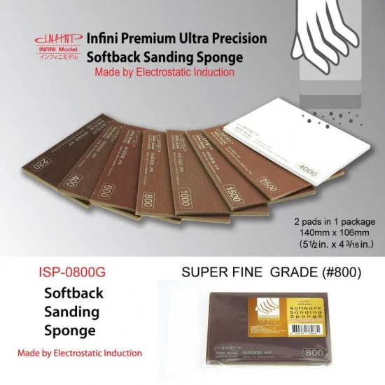 Infini Model ISP0800G Softback Sanding Sponge - Super Fine Grade #800 (2pcs, 140mm x 106mm)