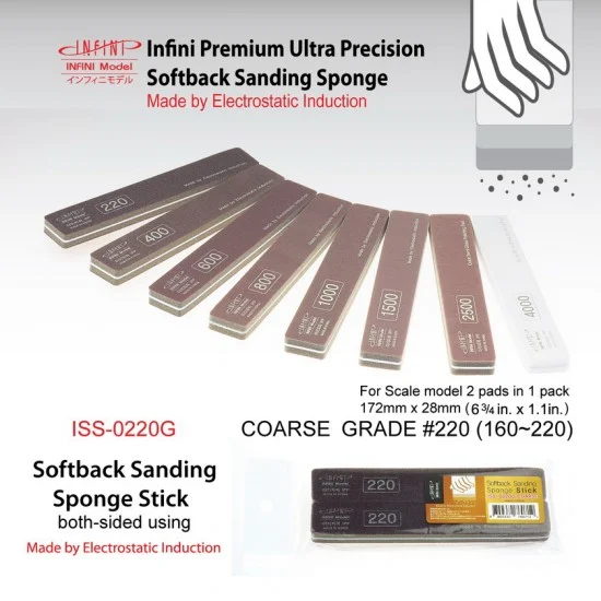 Infini Model ISS0220G Sanding Sponge Stick (2-sided) - Coarse #220 (2pcs, 172mm x 28mm)