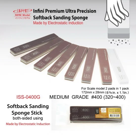Infini Model ISS0400G Sanding Sponge Stick (2-sided) - Medium #400 (2pcs, 172mm x 28mm)
