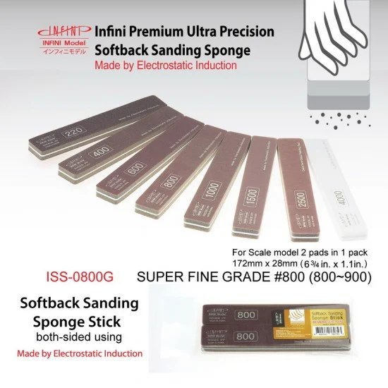 Infini Model ISS0800G Sanding Sponge Stick (2-sided) - Super Fine #800 (2pcs, 172mm x 28mm)