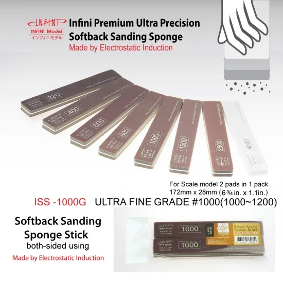 Infini Model ISS1000G Sanding Sponge Stick (2-sided) - Ultra Fine #1000 (2pcs, 172mm x 28mm)
