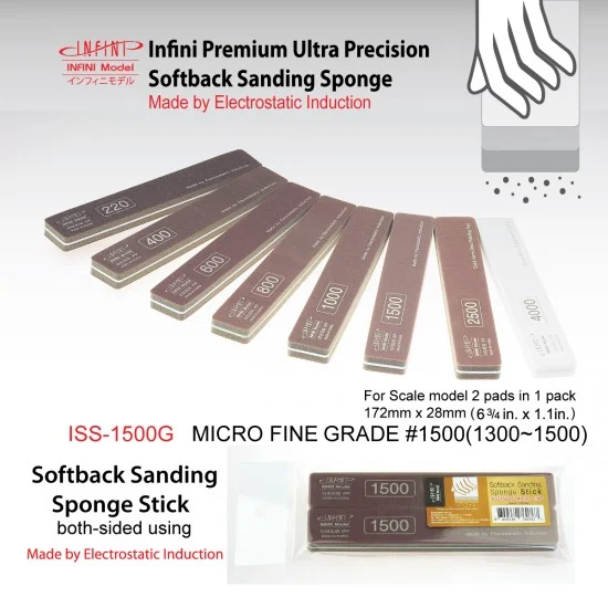 Infini Model ISS1500G Sanding Sponge Stick (2-sided) - Micro Fine #1500 (2pcs, 172mm x 28mm)