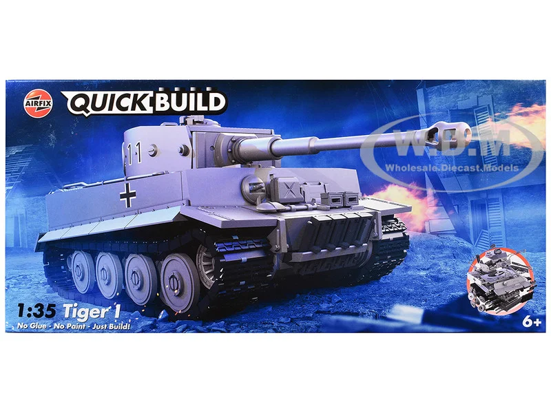 Skill 1 Model Kit Tiger I Tank "German Army" Snap Together Painted Plastic Model Tank Kit 1/35 Scale by Airfix Quickbuild - Military Models