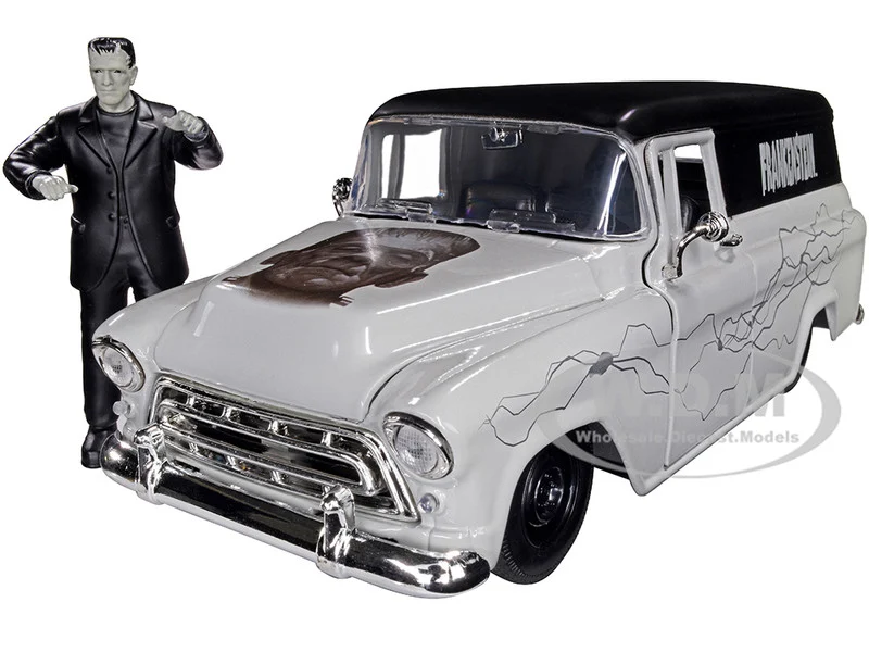 1957 Chevrolet Suburban Gray and Black with Graphics and Frankenstein Diecast Figurine "Universal Monsters" "Hollywood Rides" Series 1/24 Diecast Model Car by Jada - Chevrolet Models