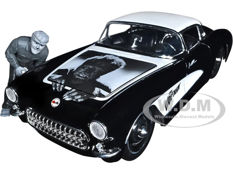 1957 Chevrolet Corvette Black with White Top and Wolfman Diecast Figure "Universal Monsters" "Hollywood Rides" Series 1/24 Diecast Model Car by Jada - Chevrolet Models