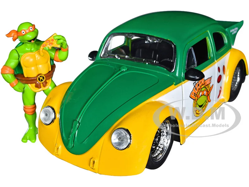 1959 Volkswagen Drag Beetle Green and Yellow and Michelangelo Diecast Figure "Teenage Mutant Ninja Turtles" "Hollywood Rides" Series 1/24 Diecast Model Car by Jada - Volkswagen Models