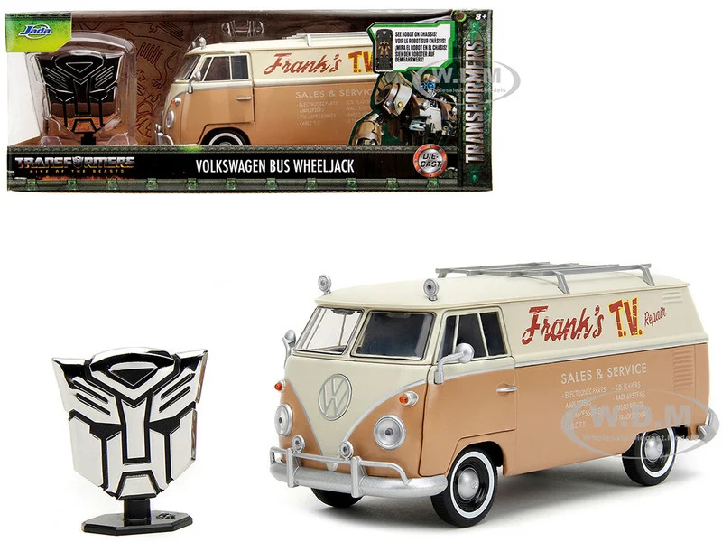 Volkswagen Bus "WheelJack" Tan and Beige "Frank's TV Repair" and Transformers Logo Diecast Statue "Transformers: Rise of the Beasts" (2023) Movie "Hollywood Rides" Series 1/24 Diecast Model Car by Jada - Volkswagen Models