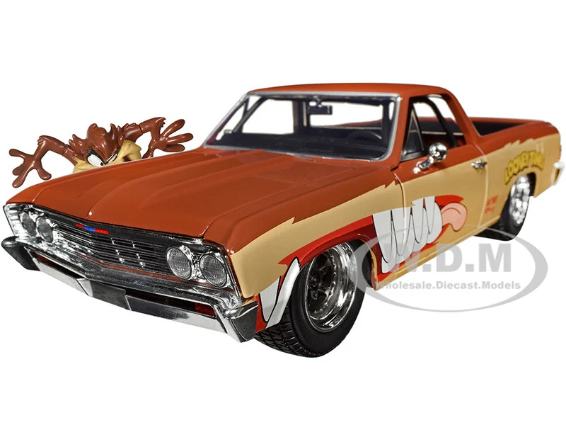 1967 Chevrolet El Camino Brown and Beige with Graphics and Tasmanian Devil (Taz) Diecast Figure "Looney Tunes" "Hollywood Rides" Series 1/24 Diecast Model Car by Jada - Chevrolet Models