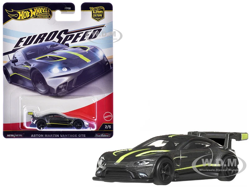 Aston Martin Vantage GTE Dark Gray Metallic with Lime Green Stripes "Euro Speed" Series Diecast Model Car by Hot Wheels - Aston Martin Models