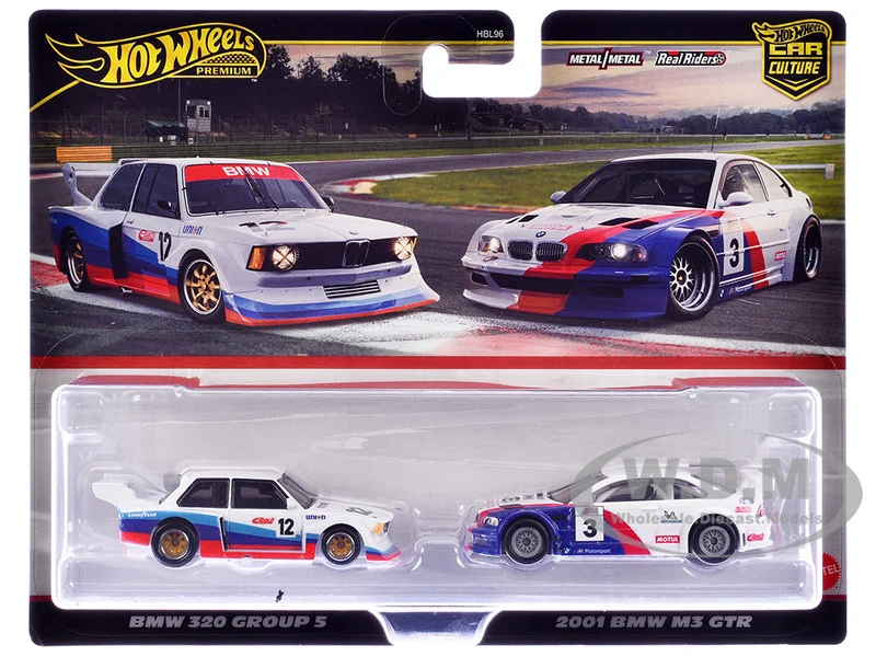 BMW 320 Group 5 #12 White with Stripes and 2001 BMW M3 GTR #3 White with Stripes "Car Culture" Set of 2 Cars Diecast Model Cars by Hot Wheels - BMW Models
