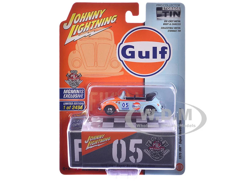 1975 Volkswagen Super Beetle Convertible #05 "Gulf Oil" Light Blue and Orange "MGMinis Exclusive" Series Limited Edition to 2496 pieces Worldwide 1/64 Diecast Model Car by Johnny Lightning - Volkswagen Models