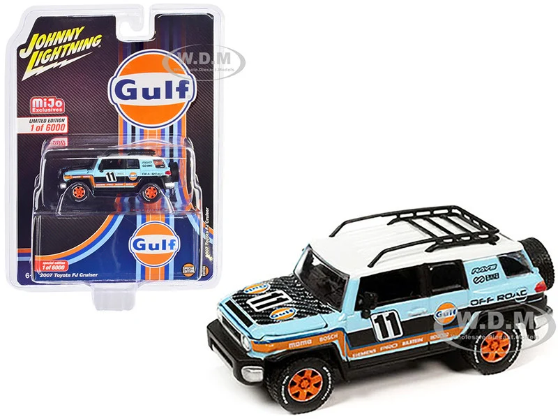 2007 Toyota FJ Cruiser #11 Light Blue "Gulf Oil" with Roofrack Limited Edition to 6000 pieces Worldwide 1/64 Diecast Model Car by Johnny Lightning - Toyota Models