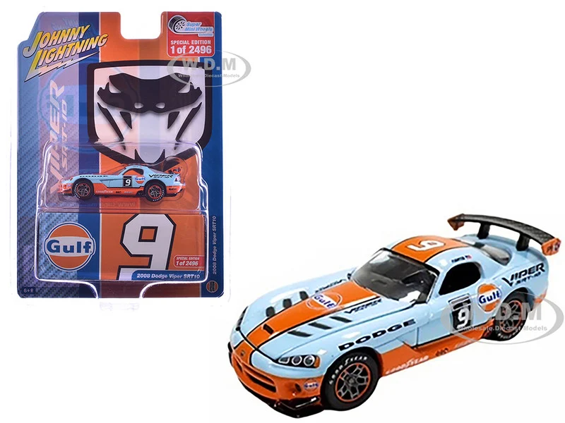2008 Dodge Viper SRT10 #9 "Gulf Oil" Light Blue and Orange Limited Edition to 2496 pieces Worldwide 1/64 Diecast Model Car by Johnny Lightning - Dodge Models