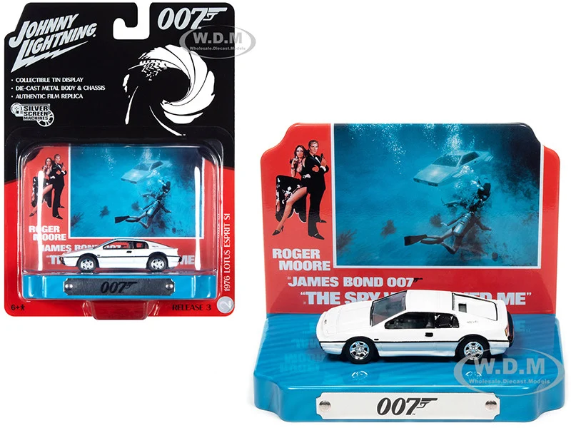 1976 Lotus Esprit S1 White with Collectible Tin Display "007" (James Bond) "The Spy Who Loved Me" (1977) Movie (10th in the James Bond Series) 1/64 Diecast Model Car by Johnny Lightning - Movie/TV Series Models