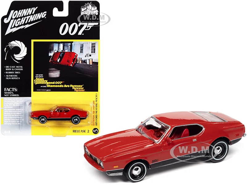 1971 Ford Mustang Mach 1 Bright Red with Black Bottom (James Bond 007) "Diamonds Are Forever" (1971) Movie "Pop Culture" Series 1/64 Diecast Model Car by Johnny Lightning - Ford Models