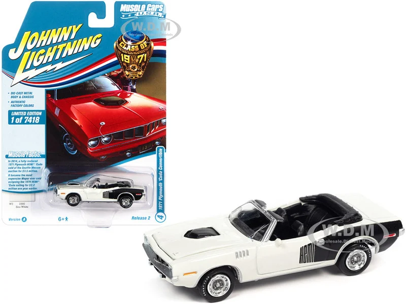 1971 Plymouth Barracuda Convertible Sno White with Black Hemi Side Billboards "Class of 1971" Limited Edition to 7418 pieces Worldwide "Muscle Cars USA" Series 1/64 Diecast Model Car by Johnny Lightning - Plymouth Models