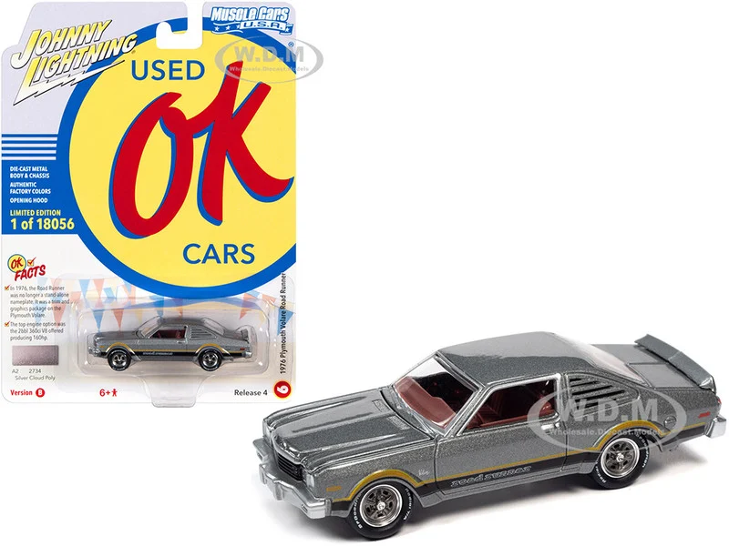 1976 Plymouth Volare Road Runner Silver Cloud Metallic with Stripes "OK Used Cars" Series Limited Edition to 18056 pieces Worldwide 1/64 Diecast Model Car by Johnny Lightning - Plymouth Models