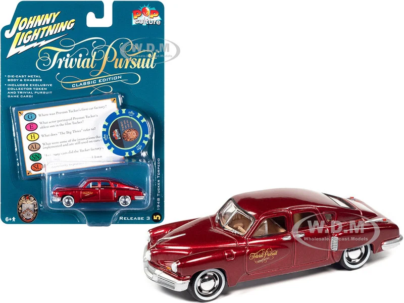 1948 Tucker Torpedo Red Maroon Metallic "Tucker: The Man and His Dream" (1988) Movie with Poker Chip (Collector Token) and Game Card "Trivial Pursuit" "Pop Culture" Series 3 1/64 Diecast Model Car by Johnny Lightning - Movie/TV Series Models